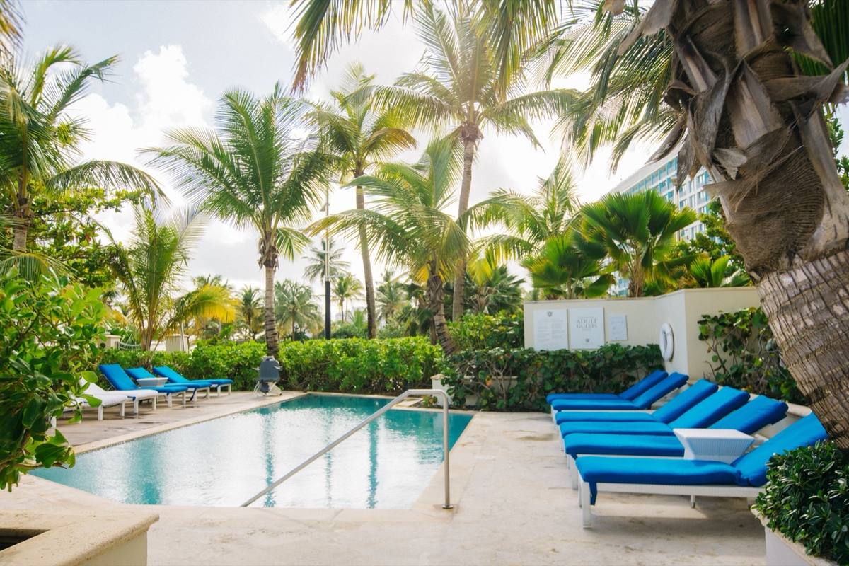 Luxury resort pool with palm trees at Condado Vanderbilt