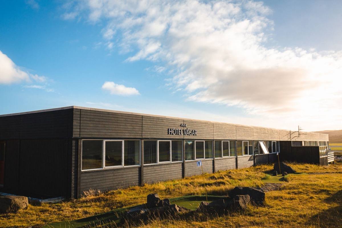 Hotel Vagar exterior at golden hour in the Faroe Islands